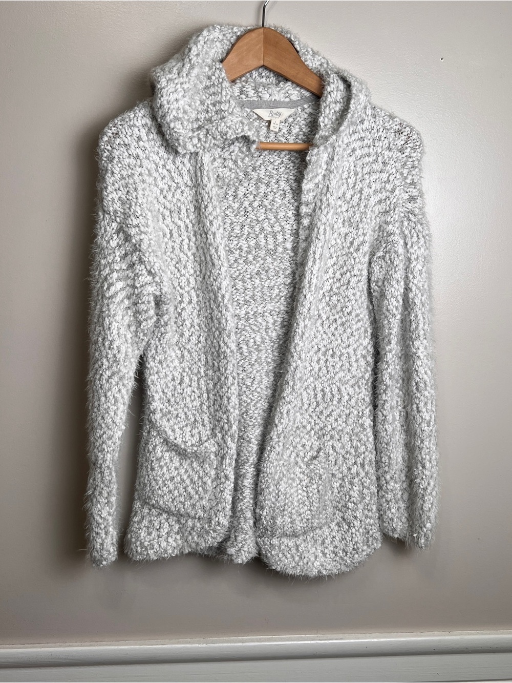 Bixby Ivory Gray Popcorn Knit Hooded Cardigan Sz L Open Front Super Soft Pockets